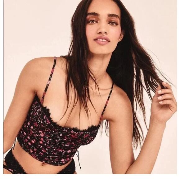 For Love & Lemons Melrose Floral Print Bustier Crop Tank Black/Pink Womens Small - Picture 2 of 11